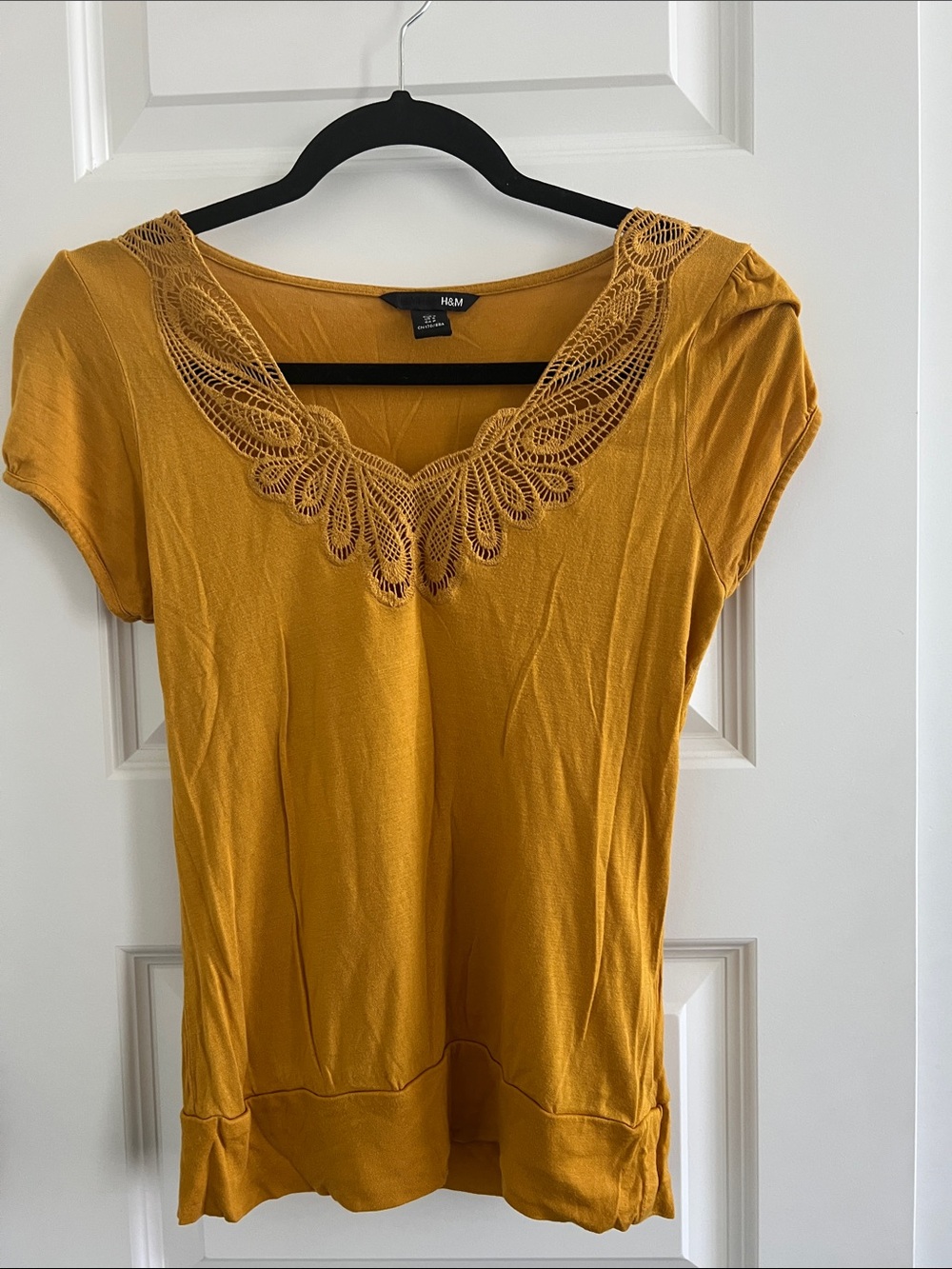 H&M Mustard Short Sleeve Top with Crochet Collar